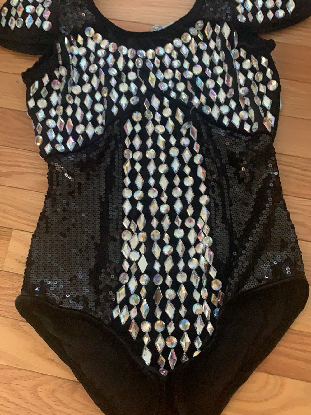 Glamour Black Sequin Bodysuit with Iridescent Gem Embellishments